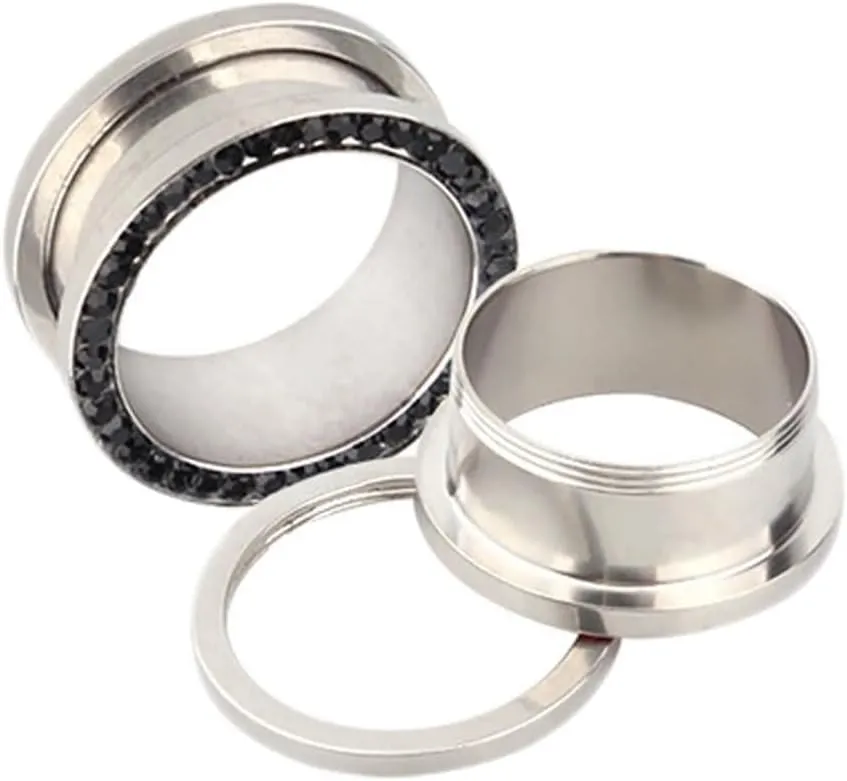 Ear Tunnels, 2PCS Surgical Steel Ear Plugs Gauges 10mm With Black Cubic Zirconia Ear Gauges 00G Body Piercings Jewelry