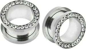Ear Tunnels, 2PCS Surgical Steel Ear Plugs Gauges 4mm Classic Hoop With White Cubic Zirconia Ear Gauges 6G Piercing Jewelry