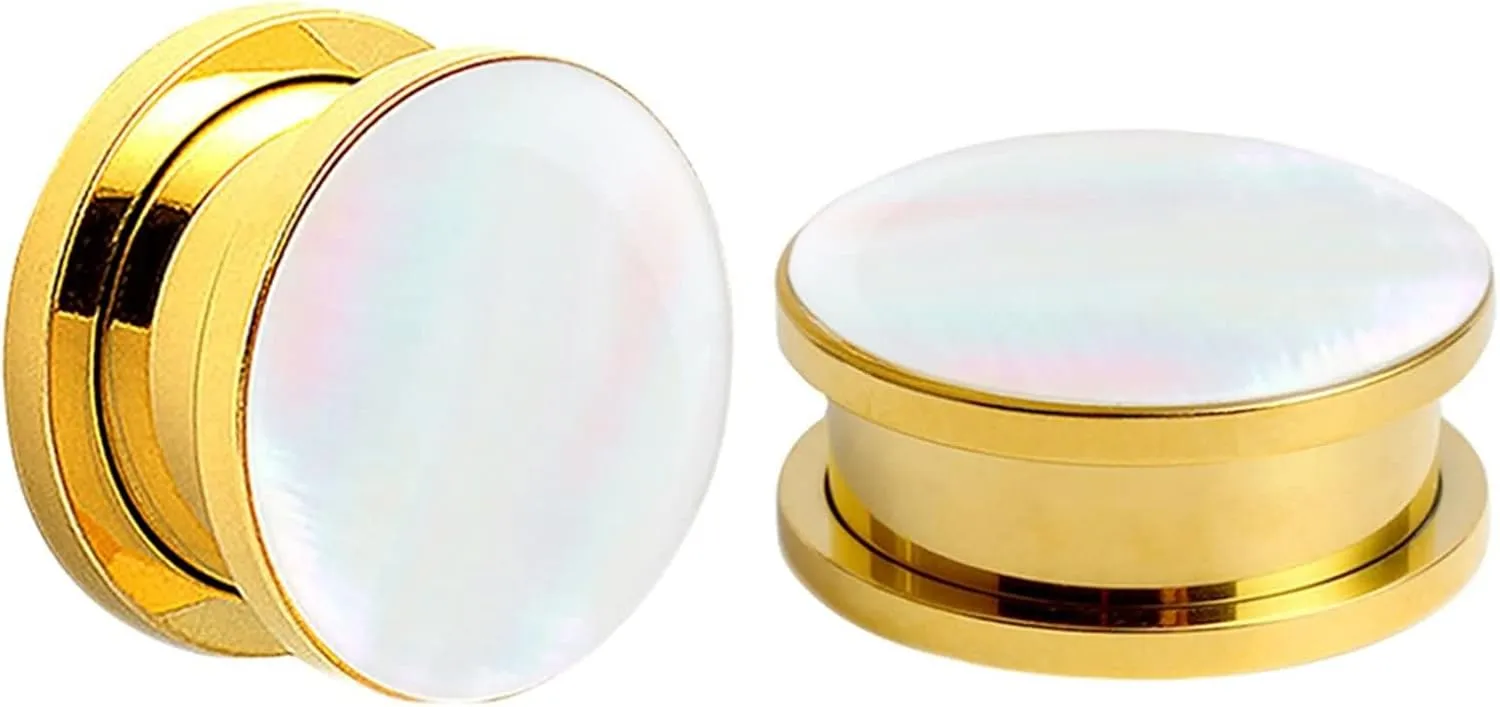 Ear Tunnels, 2PCS Surgical Steel Gauges For Ears Polished Round with White Shellfish Ear Tunnels Piercing Jewelry