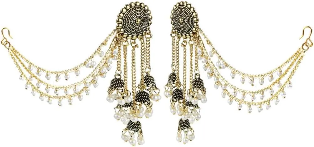 Efulgenz Antique Boho Oxidized Indian Earrings for Women Jhumka Jhumki Tassels Faux Pearl Drop Earrings with Multilayer Ear Chain Jhumka Jhumki Earrings Set Indian Oxidized Jewelry Dangle Earrings Bohemian Statement Jewelry for Women