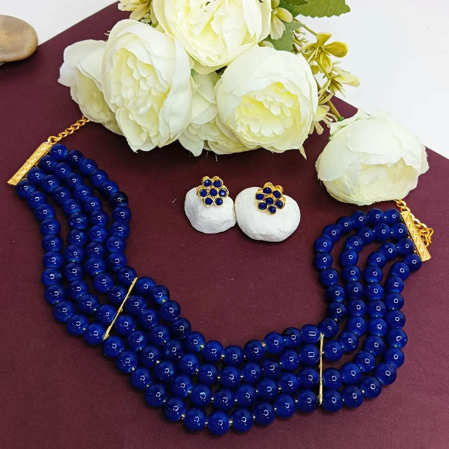 Efulgenz Beaded Choker Necklace Earrings Faux Pearl Bridal Necklace Set for Women Multi Layered Stranded Necklace Stud Earrings Set Indian Jewelry Sets for Wedding