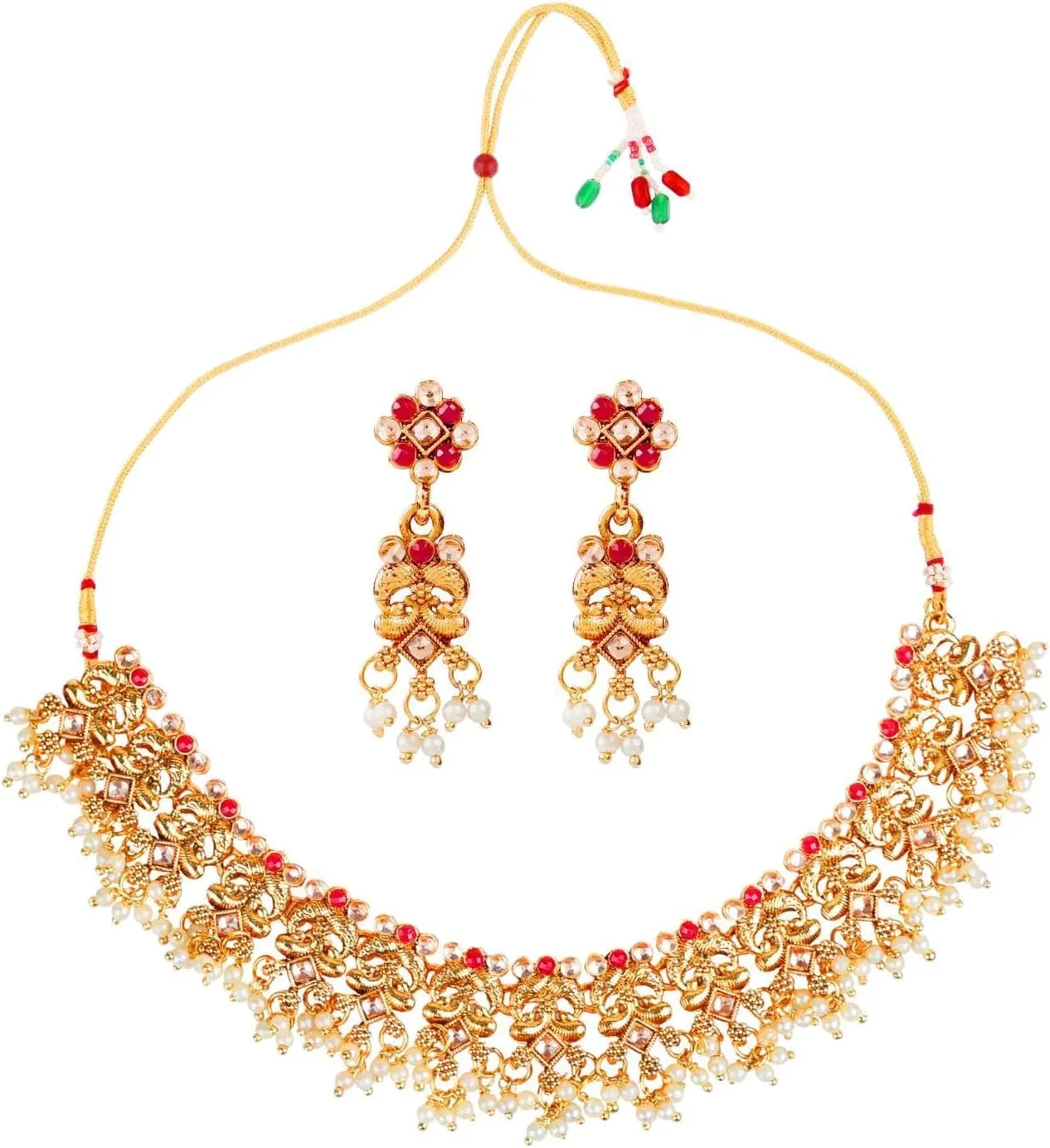 Efulgenz Ethnic Choker Necklace and Earrings Indian Jewelry Set for Women Antique Crystal Stone Mahalaxmi Necklace Dangle Earrings Fashion Jewelry for Women, Copper, not known