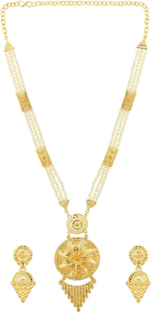 Efulgenz Gold Tone Indian Jewelry Sets for Women Dubai Style Necklace Set Indian Gold Tone Floral Round Pendant Tassel Multilayer Faux Pearl Beaded Chain Necklace Dangle Earrings Indian Bridal Jewelry for Wedding Fashion Jewelry