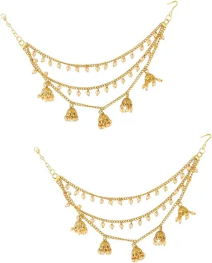 Efulgenz Indian Bollywood Jewelry Gold Tone Plated Dangling Earring with Layered Jhumka Tassels Ear Support Chain Hair Accessory, Copper, not known