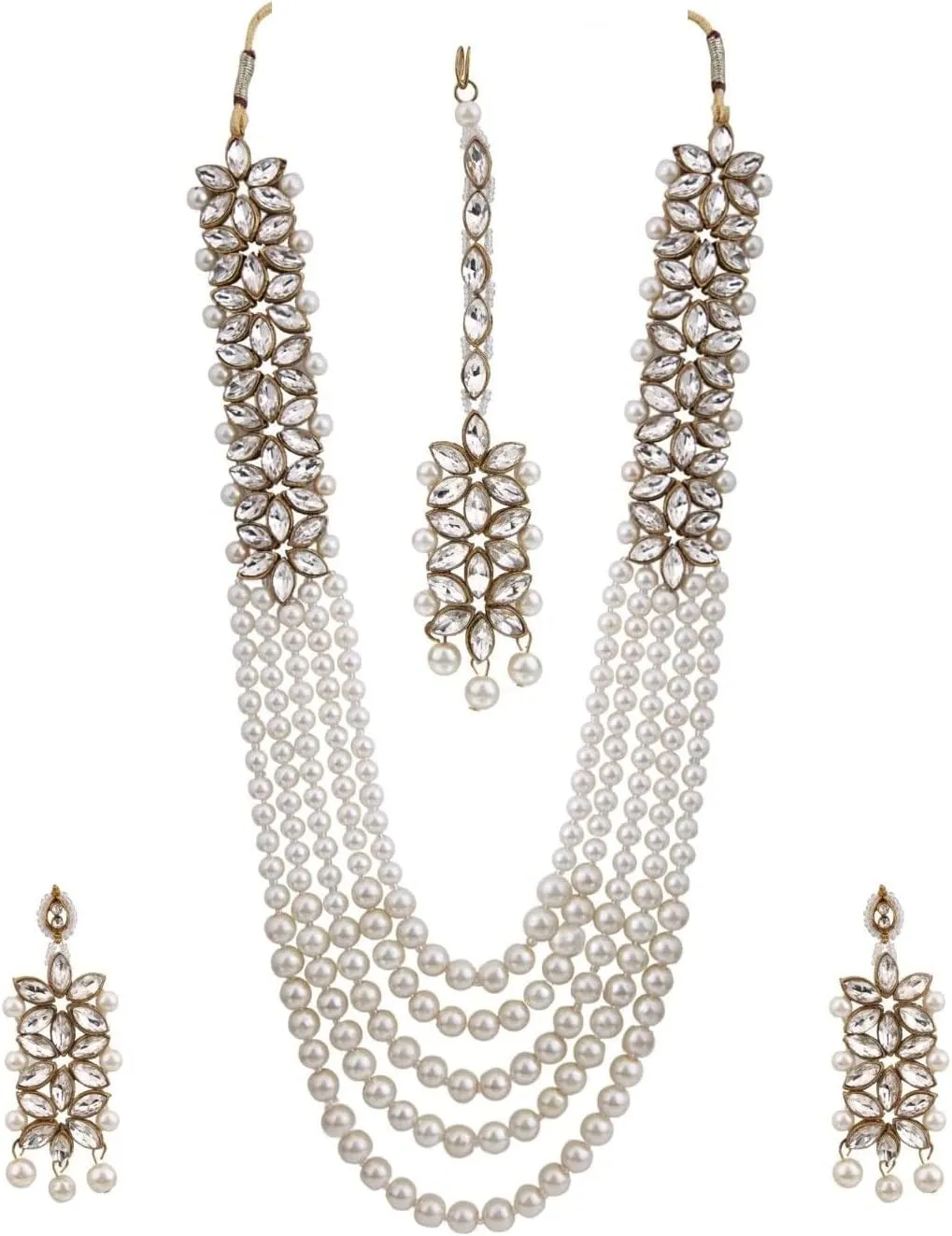 Efulgenz Indian Bollywood Traditional Faux Kundan Pearl Beads Bridal Wear Necklace Earrings Maangtika Wedding Jewelry Set