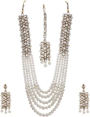 Efulgenz Indian Bollywood Traditional Faux Kundan Pearl Beads Bridal Wear Necklace Earrings Maangtika Wedding Jewelry Set