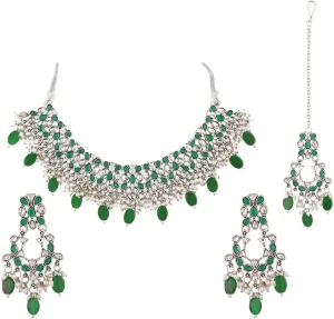 Efulgenz Indian Jewelry Sets for Women Jewelry Sets for Women Necklace Earrings and Maangtikka Bohemian Indian Oxidized Vintage Bridal Sets Faux Pearl Kundan Choker Necklace Chandelier Earrings &