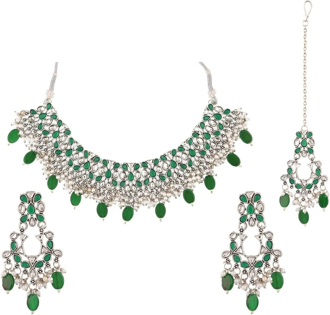 Efulgenz Indian Jewelry Sets for Women Jewelry Sets for Women Necklace Earrings and Maangtikka Bohemian Indian Oxidized Vintage Bridal Sets Faux Pearl Kundan Choker Necklace Chandelier Earrings &