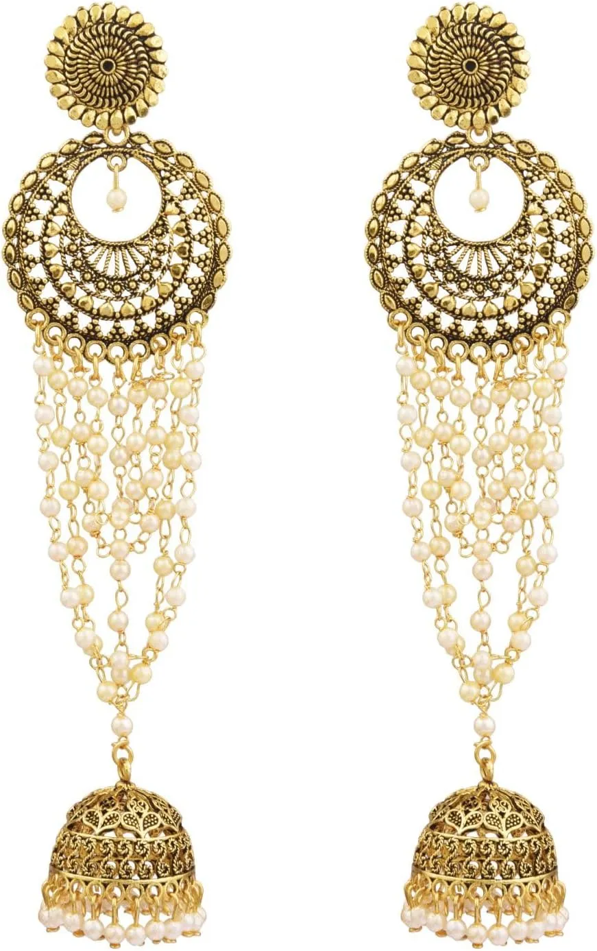 Efulgenz Indian Oxidized Jewelry Boho Vintage Layered Jhumka Jhumki Tassel Dangle Statement Earrings for Women (Gold), Metal Copper, not known