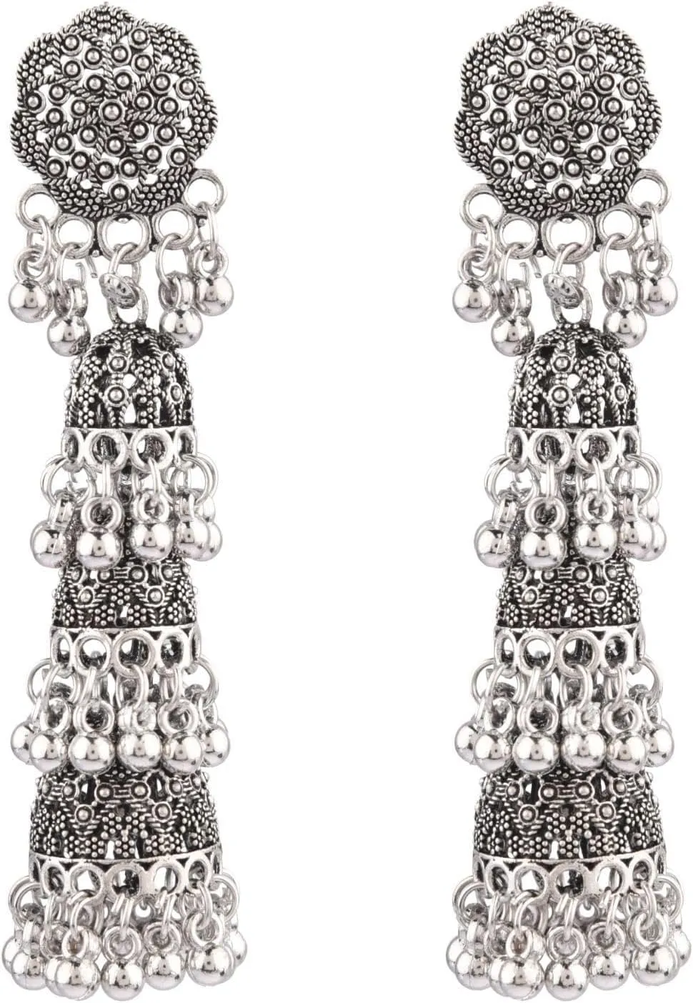 Efulgenz Indian Oxidized Jewelry Boho Vintage Layered Jhumka Jhumki Tassel Dangle Statement Earrings for Women, Metal