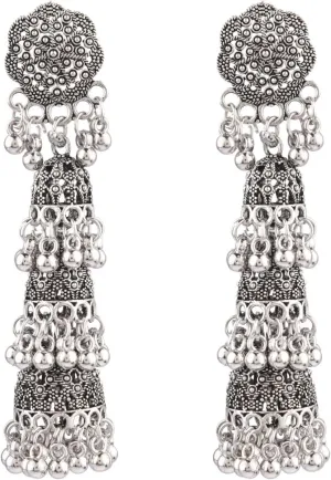 Efulgenz Indian Oxidized Jewelry Boho Vintage Layered Jhumka Jhumki Tassel Dangle Statement Earrings for Women, Metal