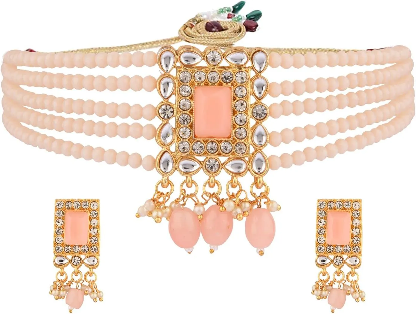 Efulgenz Indian Wedding Jewelry Beaded Faux Pearl Choker Necklace Set Crystal Kundan Multilayered Necklace Earrings Bridal Jewelry Set for Women Bollywood Jewelry