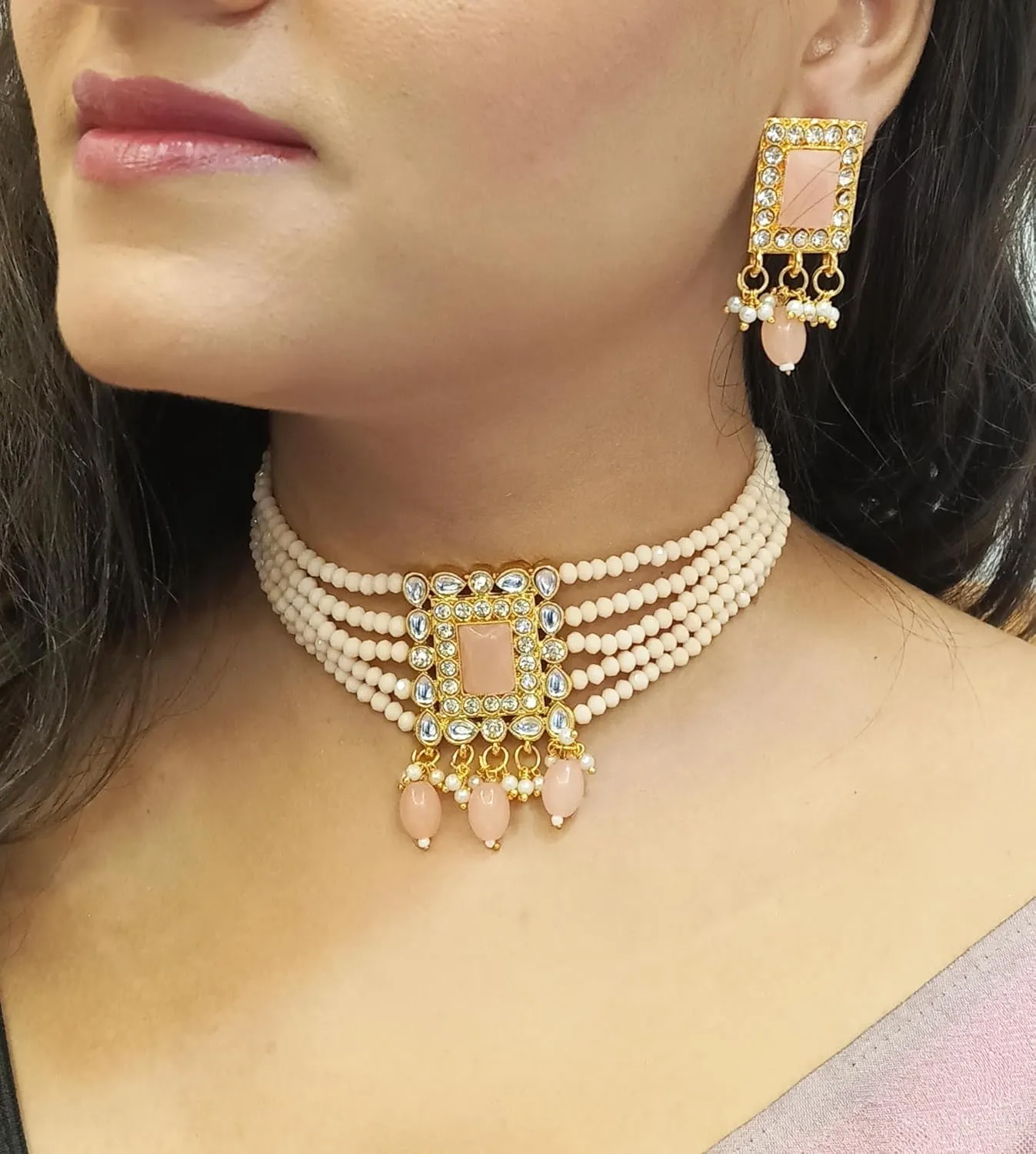 Efulgenz Indian Wedding Jewelry Beaded Faux Pearl Choker Necklace Set Crystal Kundan Multilayered Necklace Earrings Bridal Jewelry Set for Women Bollywood Jewelry