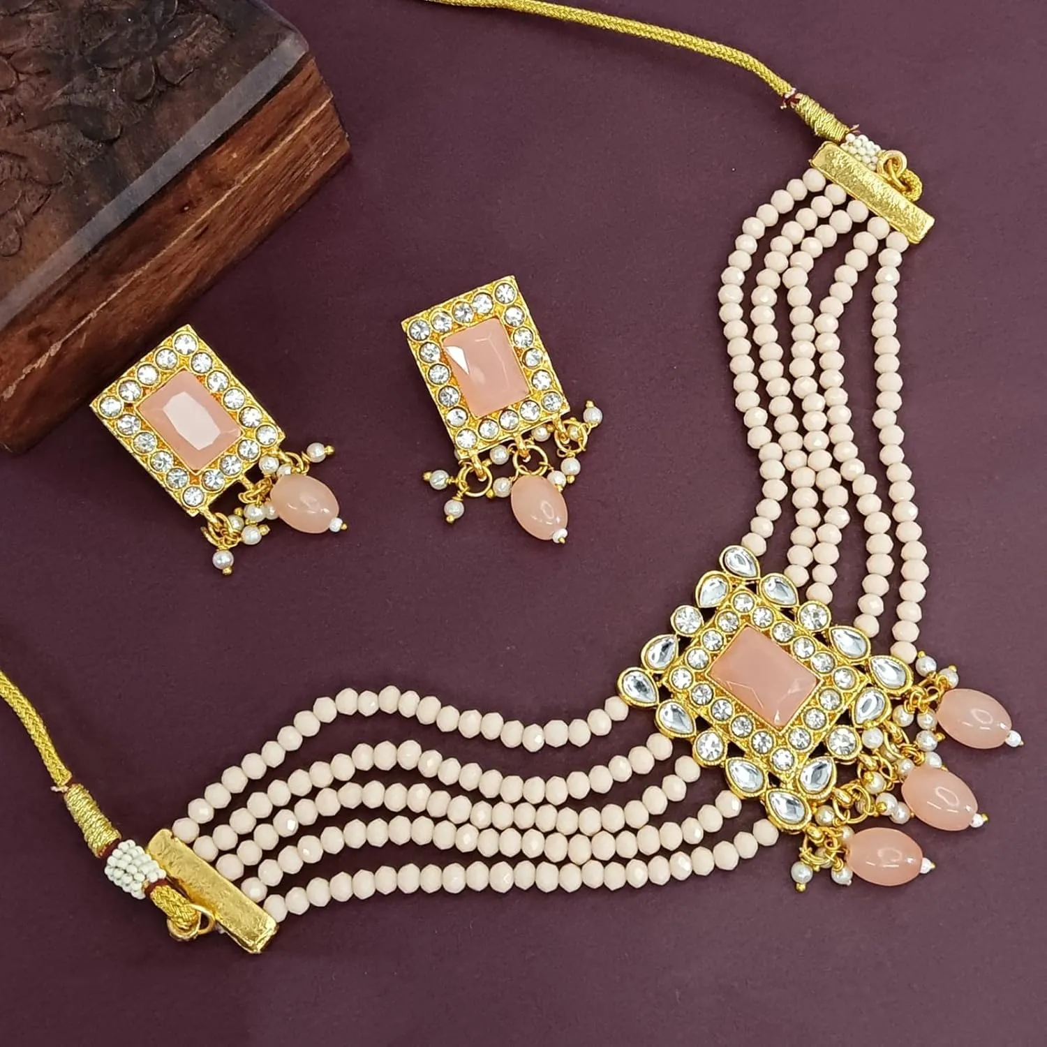Efulgenz Indian Wedding Jewelry Beaded Faux Pearl Choker Necklace Set Crystal Kundan Multilayered Necklace Earrings Bridal Jewelry Set for Women Bollywood Jewelry