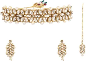 Efulgenz Kundan Sets for Women Indian Jewelry White Kundan Necklace Set Crystal Faux Pearl Bollywood Traditional Wedding Choker Necklace Earrings Maang Tikka Jewelry Sets for Women