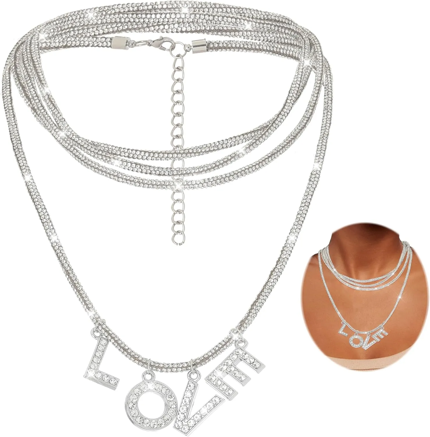 ELABEST Layered Rhinestone Necklaces Silver Love Pendant Necklace Sparkling Rope Chain Choker for Women