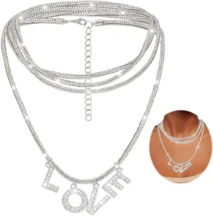 ELABEST Layered Rhinestone Necklaces Silver Love Pendant Necklace Sparkling Rope Chain Choker for Women