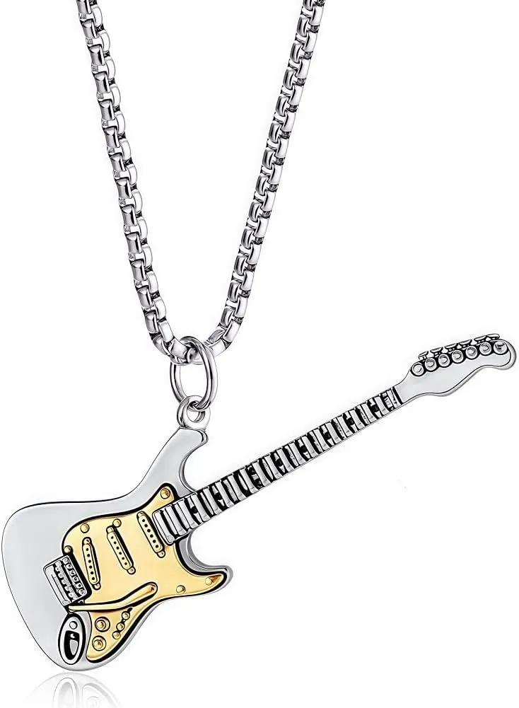 Electric Guitar Pendant Necklace, Silver Chain, Stainless Steel Musical Instrument Charm