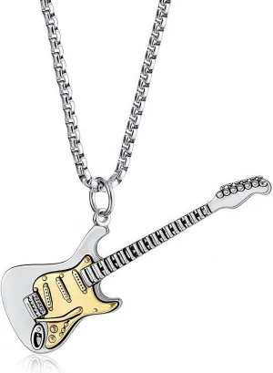 Electric Guitar Pendant Necklace, Silver Chain, Stainless Steel Musical Instrument Charm