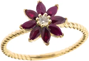 Elegant 10k Yellow Gold Diamond Daisy Rope Promise Ring with Ruby Petals