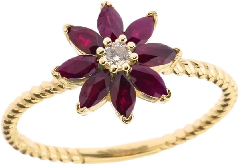 Elegant 10k Yellow Gold Diamond Daisy Rope Promise Ring with Ruby Petals