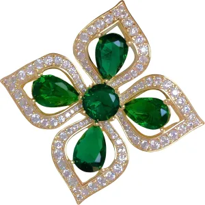 Elegant Emerald Green Four-Petal Floral Brooch Pin, Vintage-Inspired Gift for Women