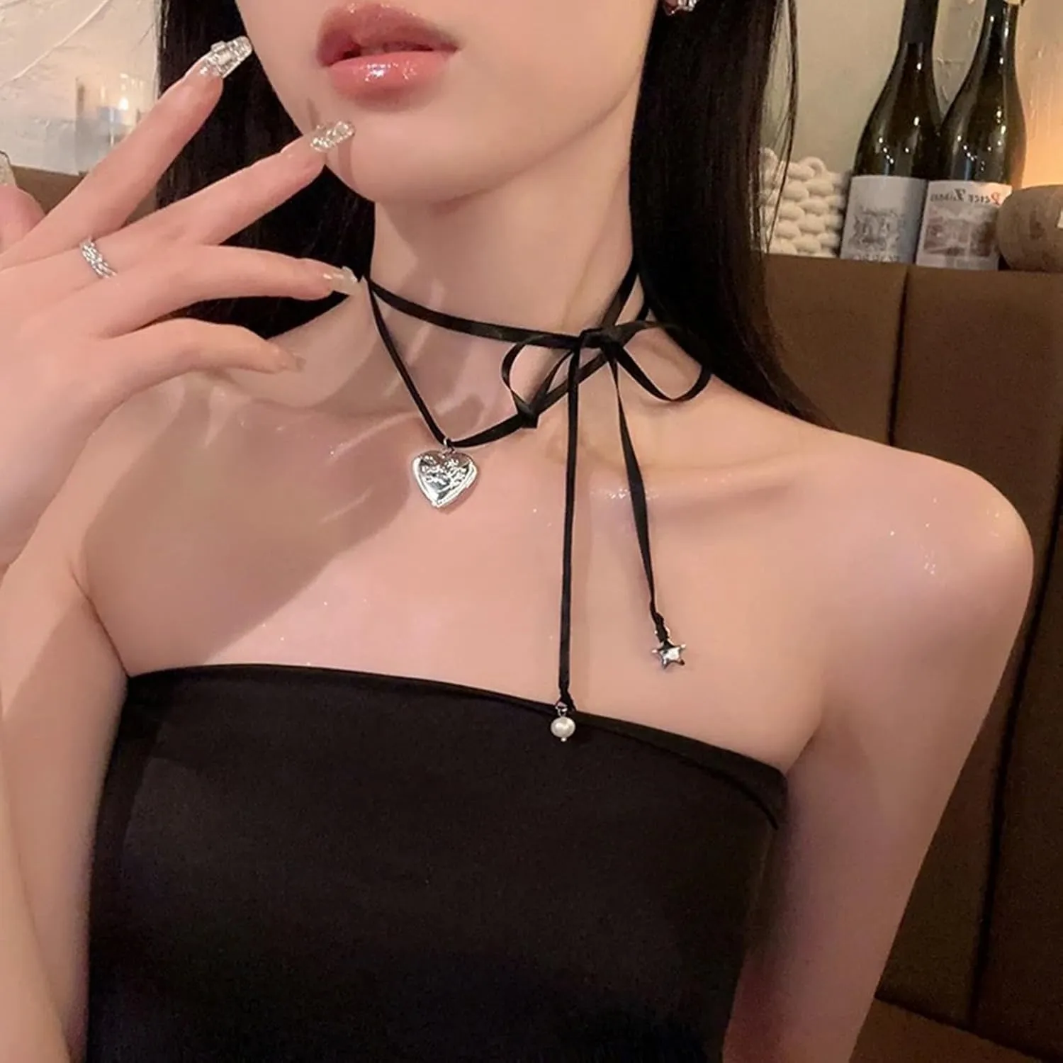 Elegant Ribbon Bow Necklace Heart Pendant Necklace Vintage Pearl Star Pendant Necklace
