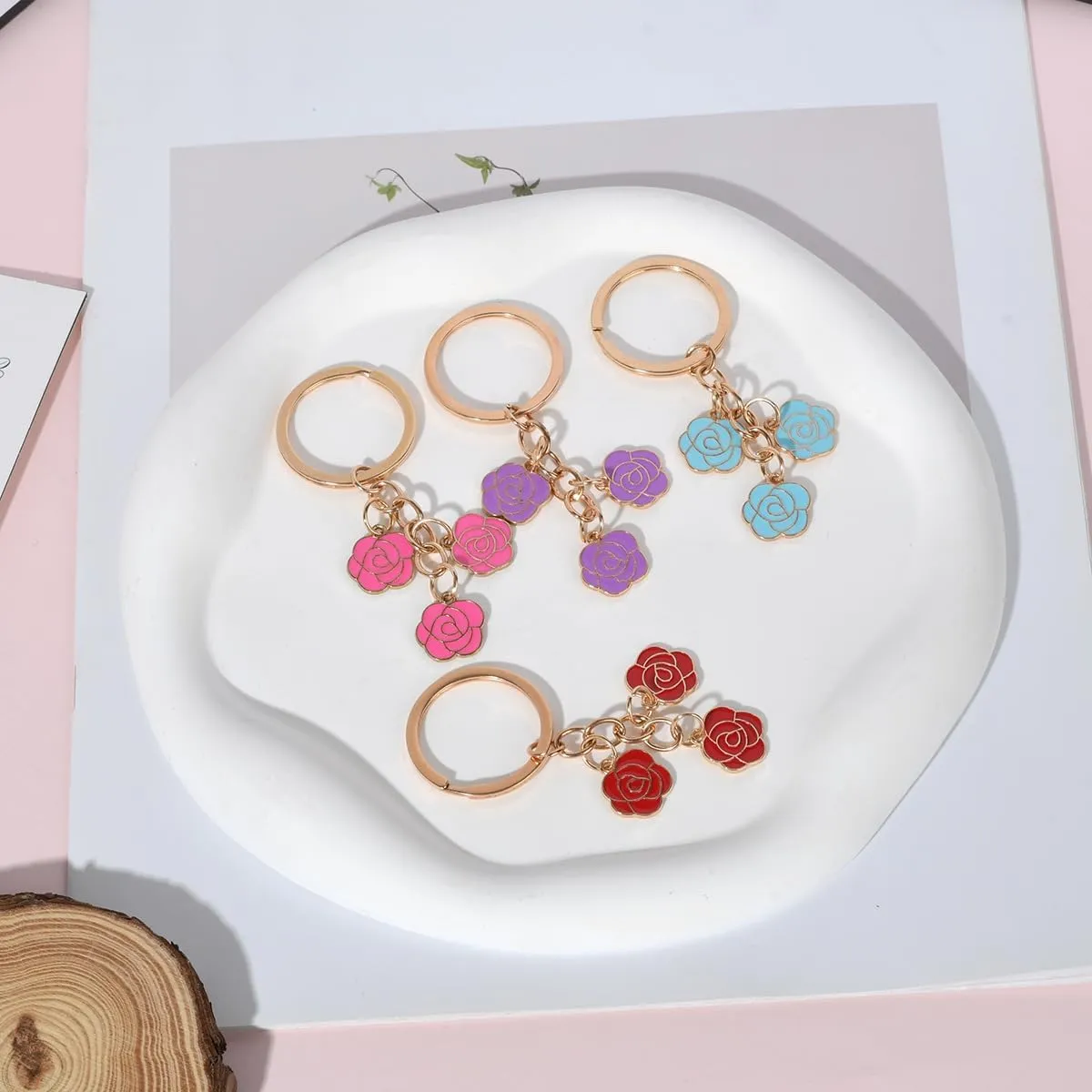 Elegant Rose Flower Keychain Colorful Enamel Flower Charm Keyring Keychain Sweet Rose Florals Keyring