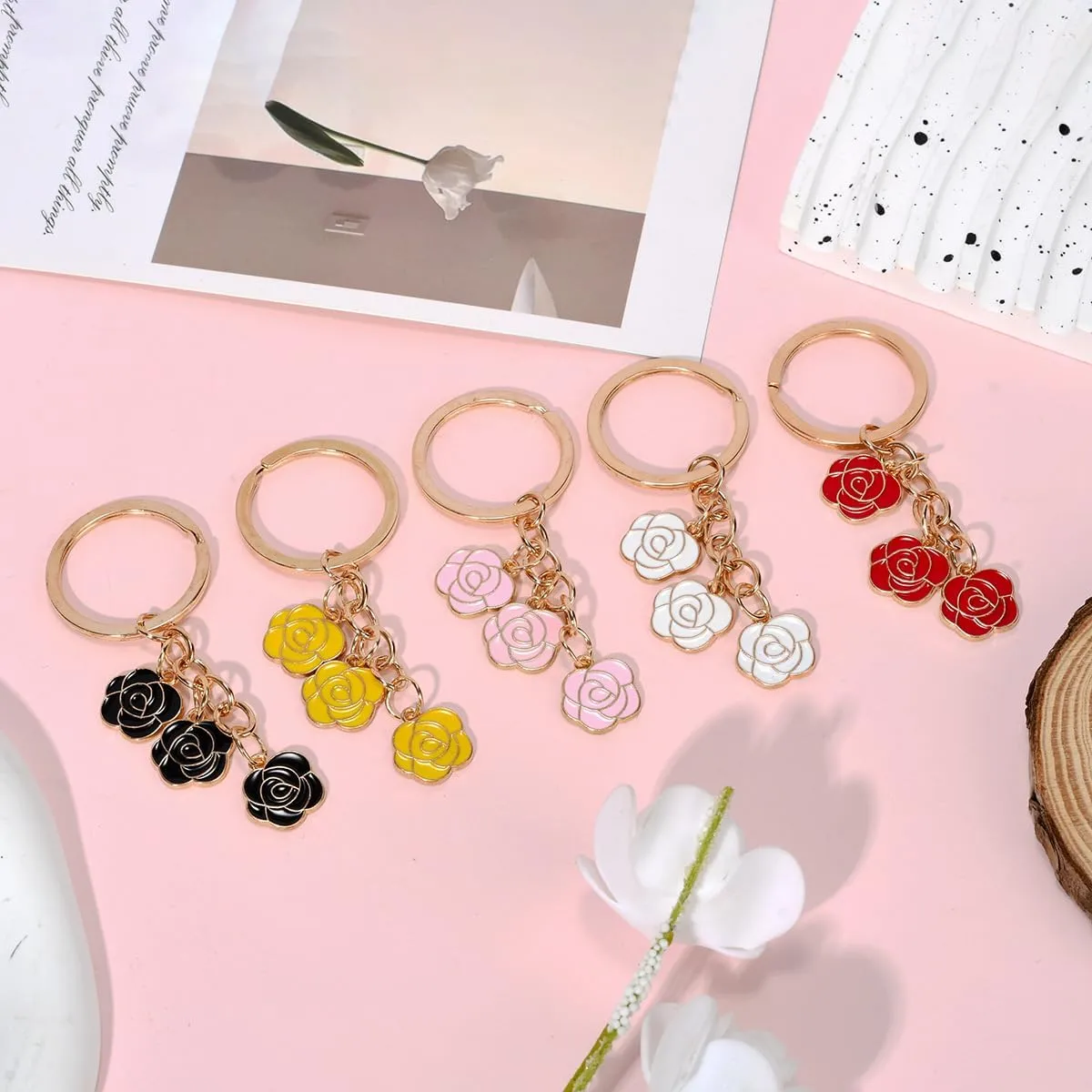 Elegant Rose Flower Keychain Colorful Enamel Flower Charm Keyring Keychain Sweet Rose Florals Keyring