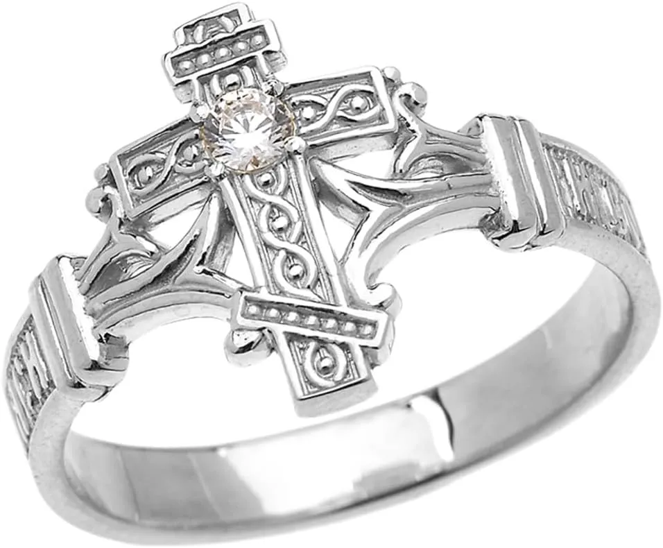 Elegant Sterling Silver Solitaire Cubic Zirconia Orthodox Cross with Encrypted Prayer Blessings Ring
