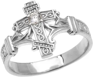 Elegant Sterling Silver Solitaire Cubic Zirconia Orthodox Cross with Encrypted Prayer Blessings Ring