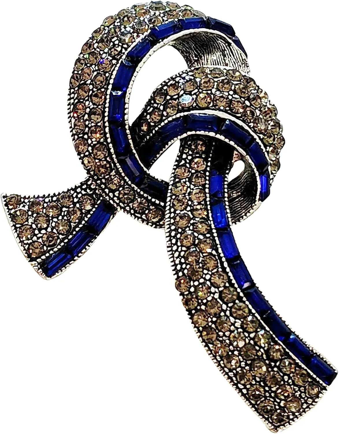 Elegant Vintage Blue and Champagne Crystal Ribbon Bow Brooch for Mom Her