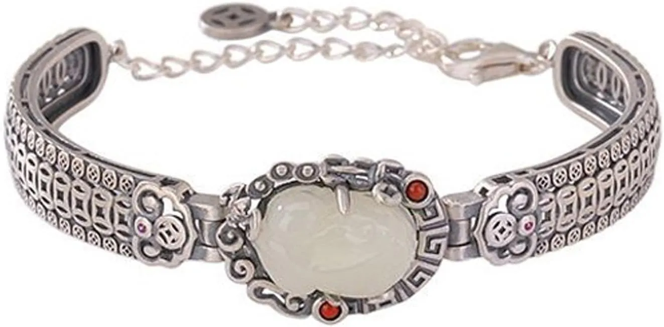 Elegant Vintage Style Chinese Bracelet Featuring Exquisite Jade Inlay and Intricate Silver-Plated Metal Design