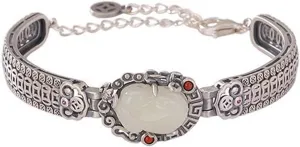 Elegant Vintage Style Chinese Bracelet Featuring Exquisite Jade Inlay and Intricate Silver-Plated Metal Design