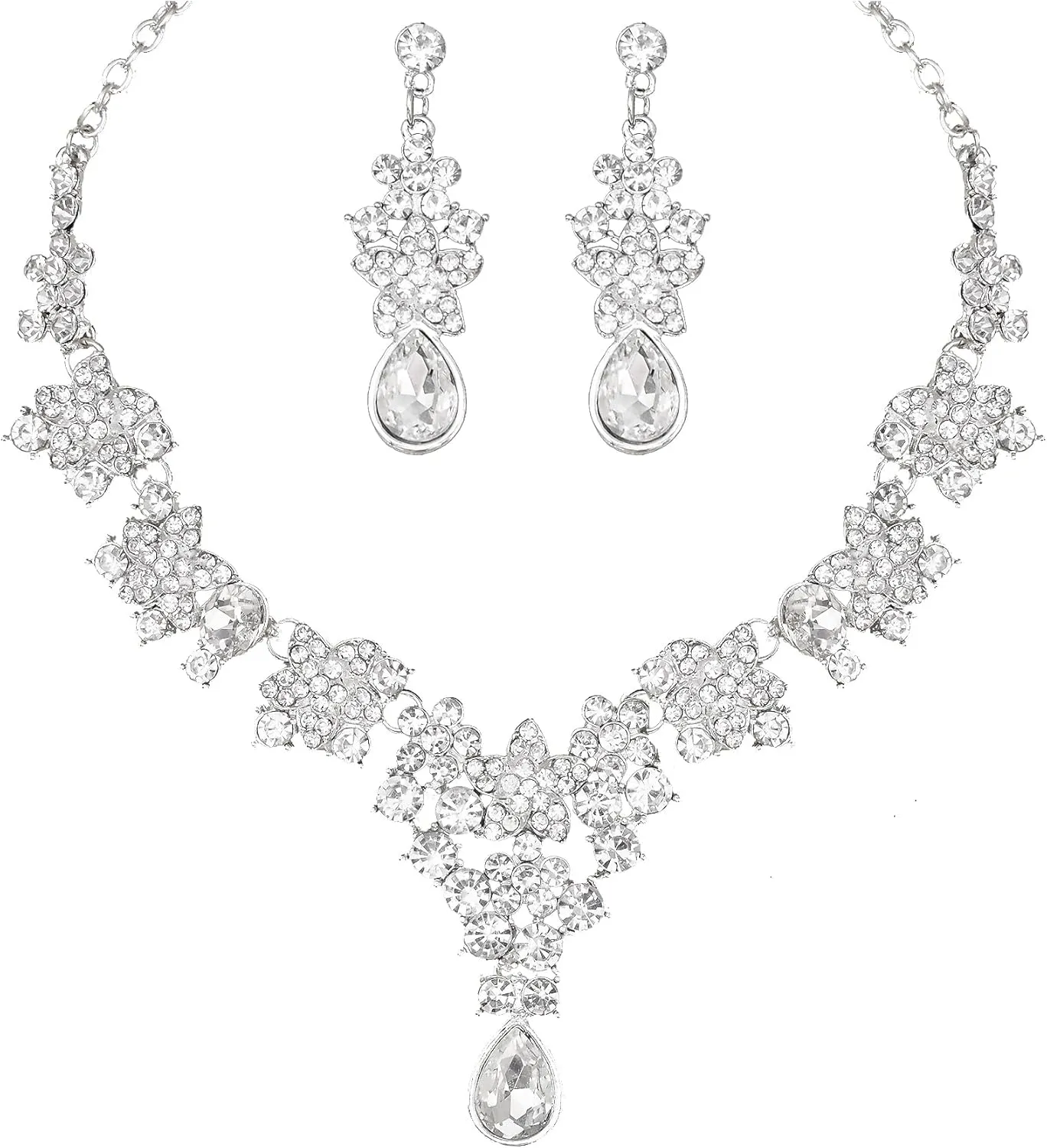 Elegant Wedding Bridal Costume Jewelry Sets Austrian Crystal Statement Necklace Dangle Earrings Set for Brides Bridesmaids