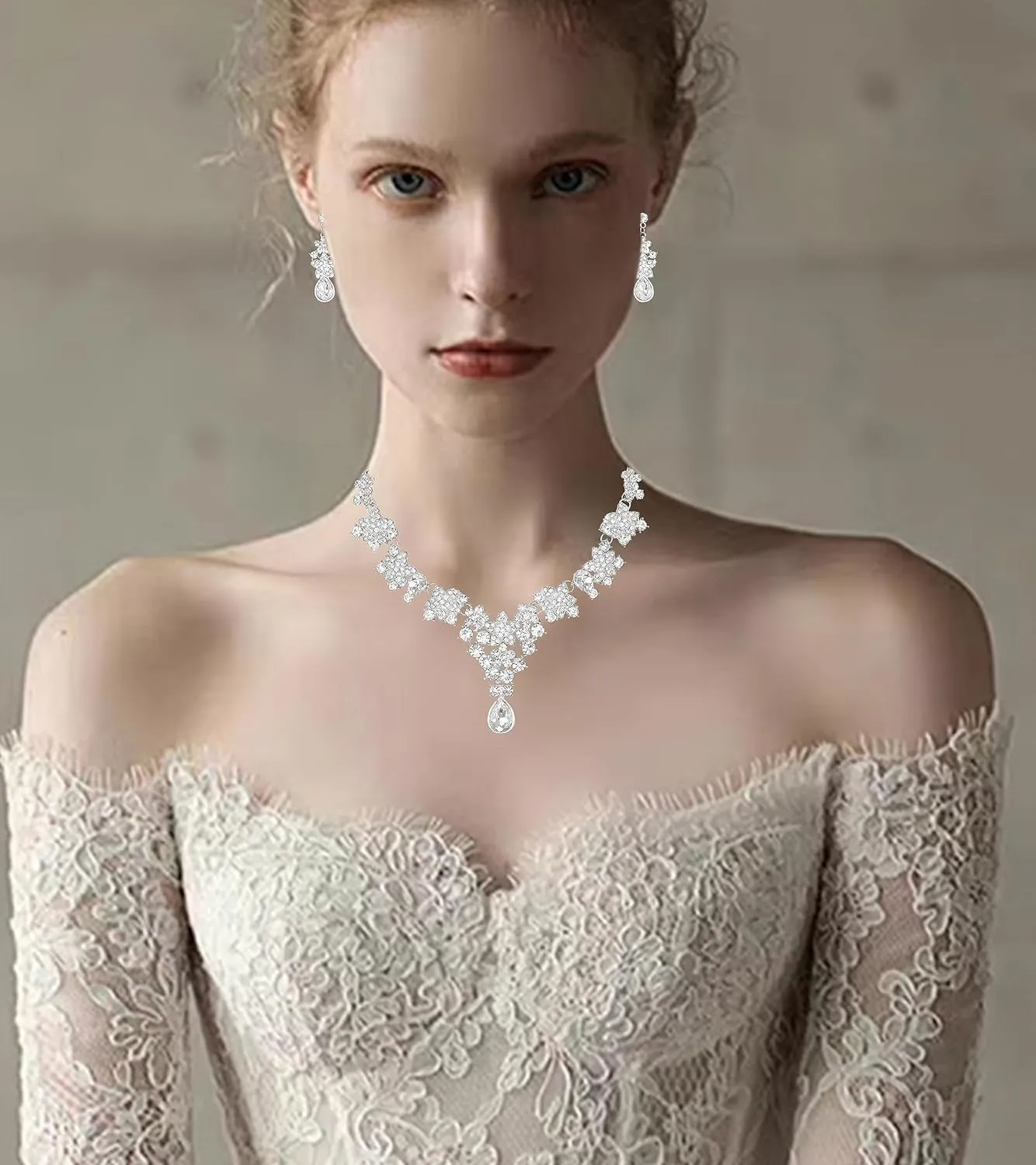Elegant Wedding Bridal Costume Jewelry Sets Austrian Crystal Statement Necklace Dangle Earrings Set for Brides Bridesmaids