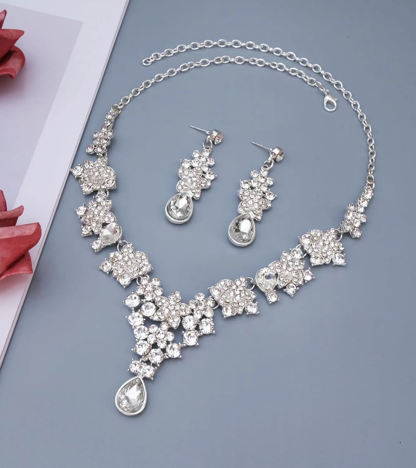 Elegant Wedding Bridal Costume Jewelry Sets Austrian Crystal Statement Necklace Dangle Earrings Set for Brides Bridesmaids