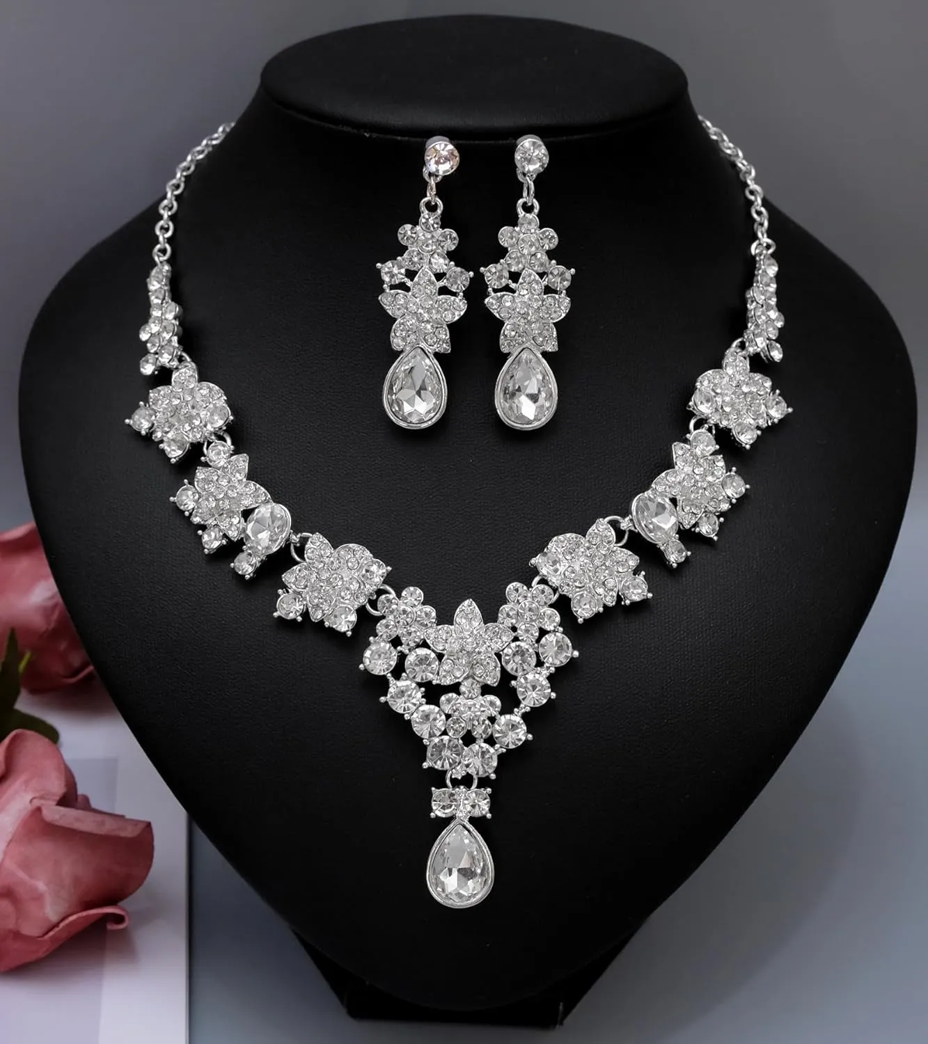 Elegant Wedding Bridal Costume Jewelry Sets Austrian Crystal Statement Necklace Dangle Earrings Set for Brides Bridesmaids