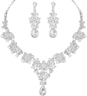 Elegant Wedding Bridal Costume Jewelry Sets Austrian Crystal Statement Necklace Dangle Earrings Set for Brides Bridesmaids
