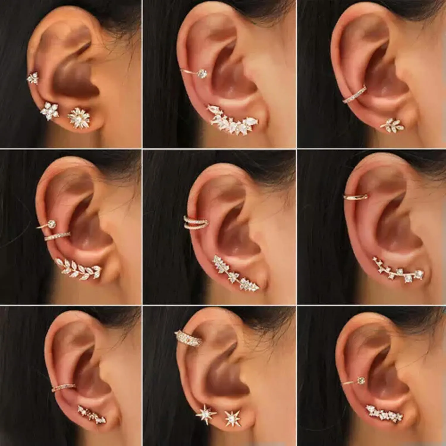 Elegant Women 925 Silver Star Leaf Flower Ear Cuff Clip Wrap Elf Stud Earring-#2