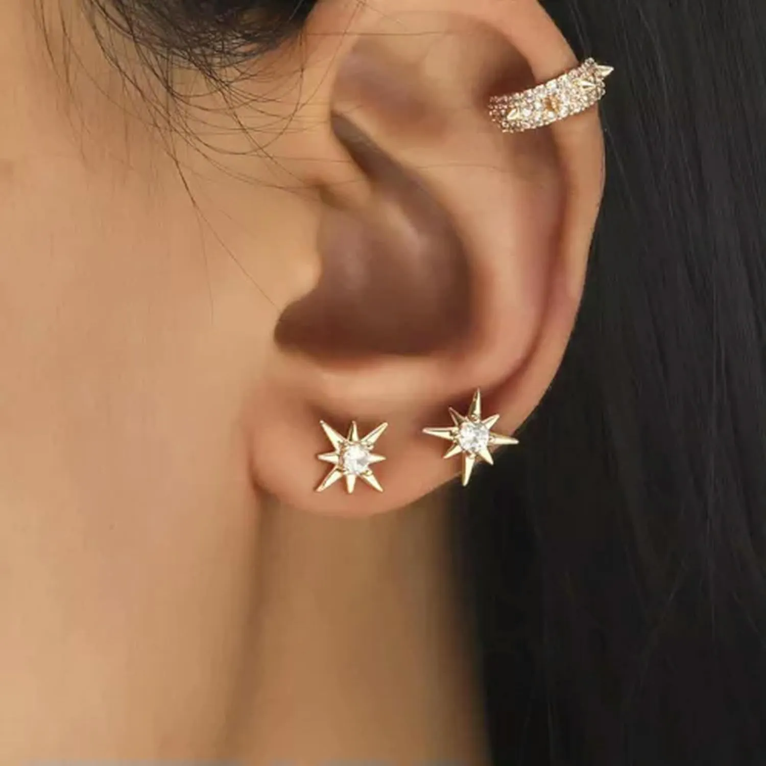 Elegant Women 925 Silver Star Leaf Flower Ear Cuff Clip Wrap Elf Stud Earring-#2