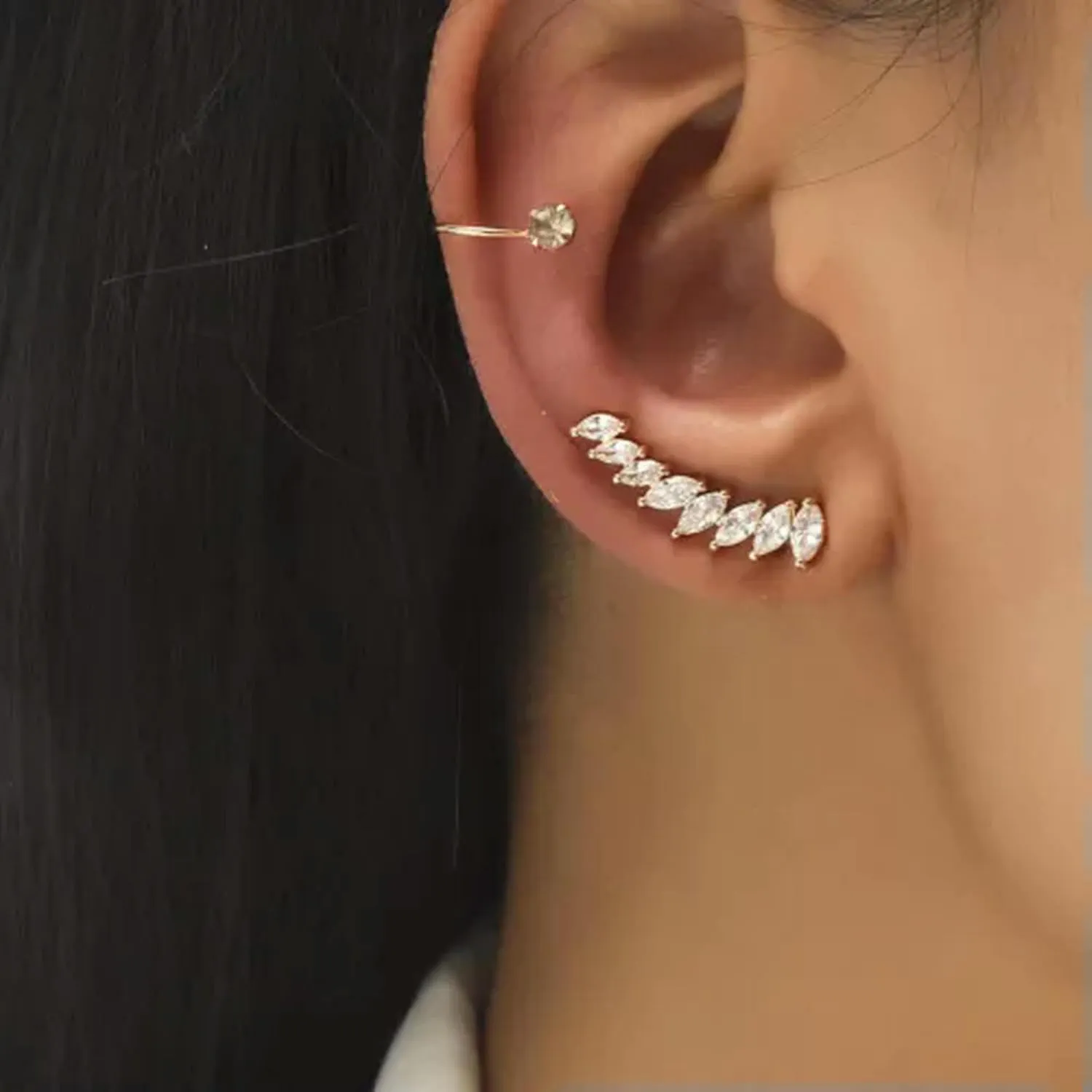 Elegant Women 925 Silver Star Leaf Flower Ear Cuff Clip Wrap Elf Stud Earring-#2