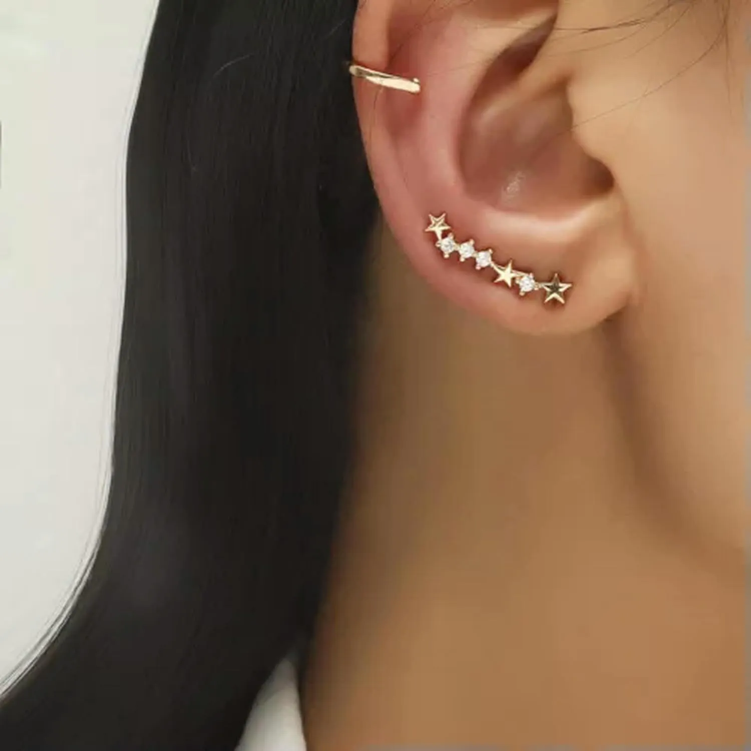Elegant Women 925 Silver Star Leaf Flower Ear Cuff Clip Wrap Elf Stud Earring-#2