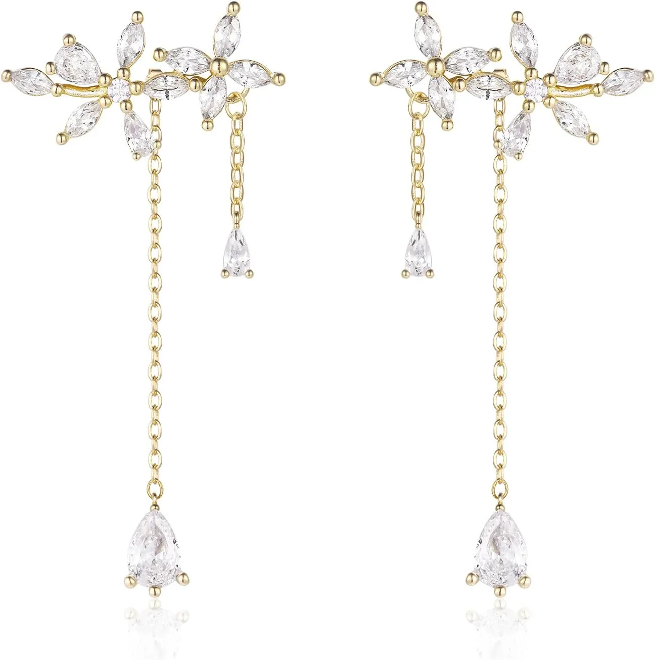 EleQueen Sparkle Cubic Zirconia Flowers Wrap Dangle Chain Earrings for Women Elegant Bridal Wedding Party