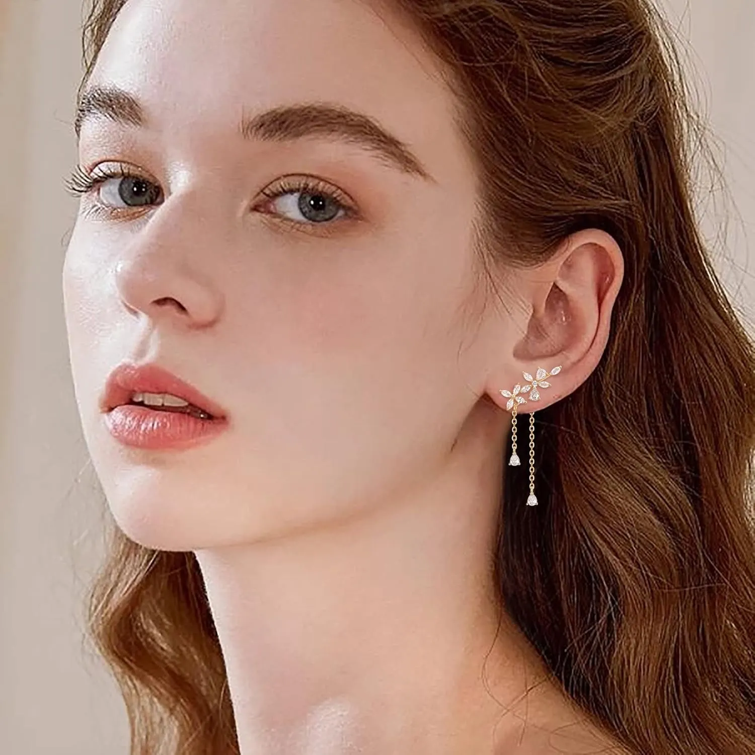 EleQueen Sparkle Cubic Zirconia Flowers Wrap Dangle Chain Earrings for Women Elegant Bridal Wedding Party