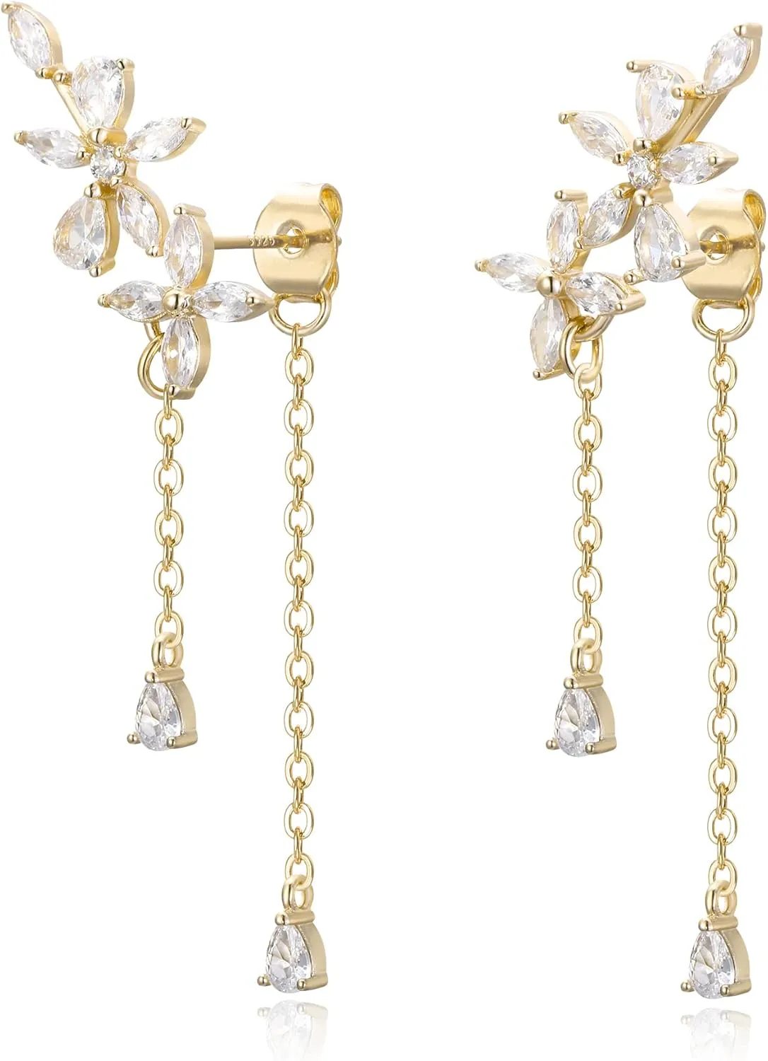 EleQueen Sparkle Cubic Zirconia Flowers Wrap Dangle Chain Earrings for Women Elegant Bridal Wedding Party