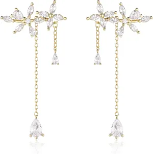 EleQueen Sparkle Cubic Zirconia Flowers Wrap Dangle Chain Earrings for Women Elegant Bridal Wedding Party