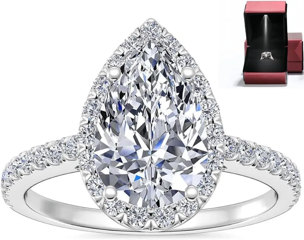 Engagement Rings for Women Wedding Promise Ring - Sterling Silver Rings for Women 1 Carat D Color VVS1 Pear Shaped Crushed Ice Diamond, 18K White Gold Plating Women's Diamond Rings Ideal Gift for Her
