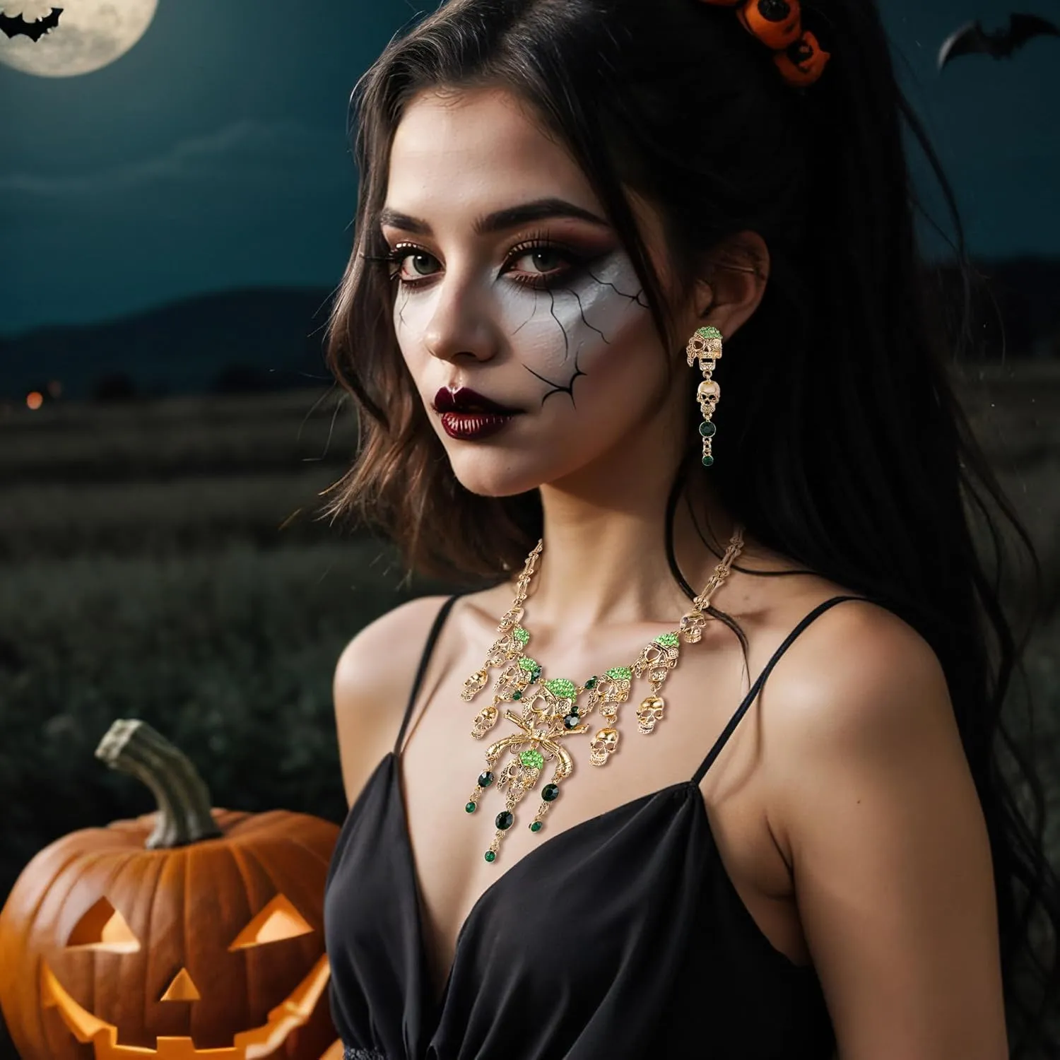 EVER FAITH Halloween Cosplay Jewelry Accessories Austrian Crystal Horror Punk Pirate Skull Bib Collar Necklaces Earrings Set for Women