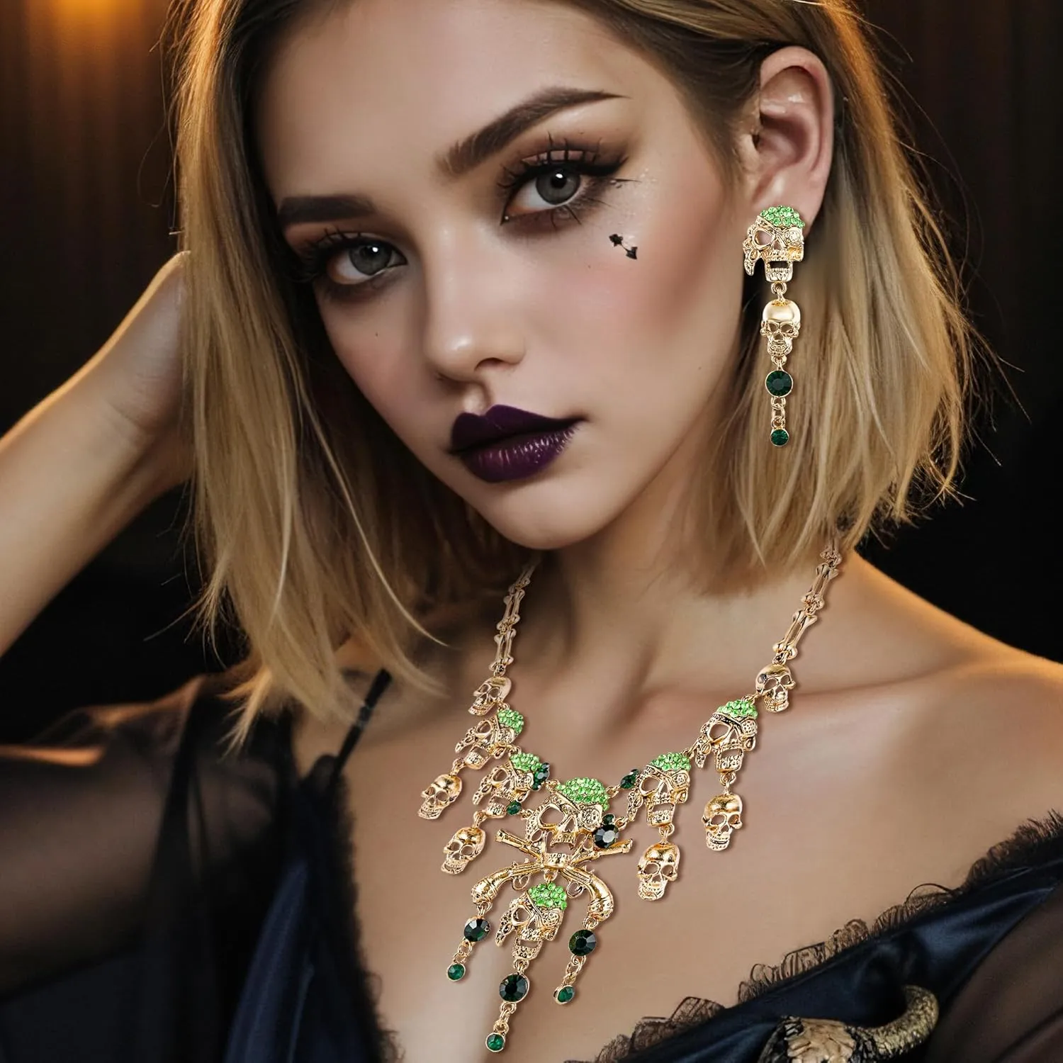 EVER FAITH Halloween Cosplay Jewelry Accessories Austrian Crystal Horror Punk Pirate Skull Bib Collar Necklaces Earrings Set for Women